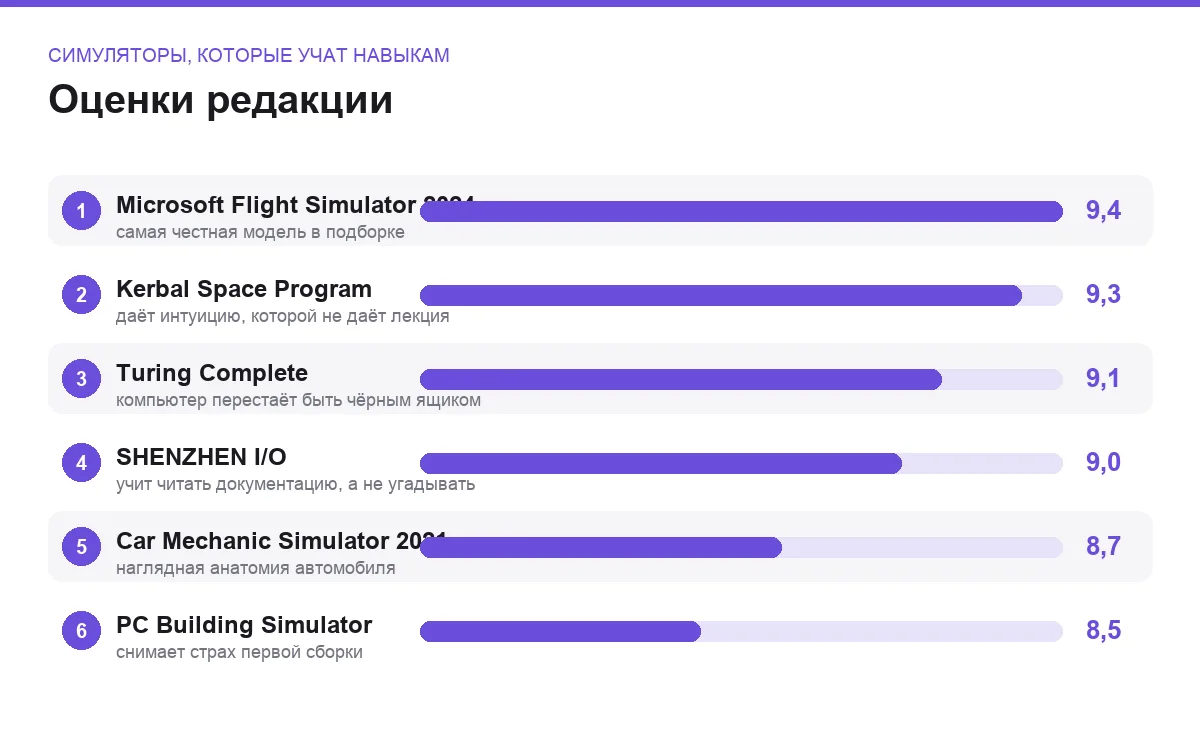 Диаграмма оценок шести обучающих симуляторов