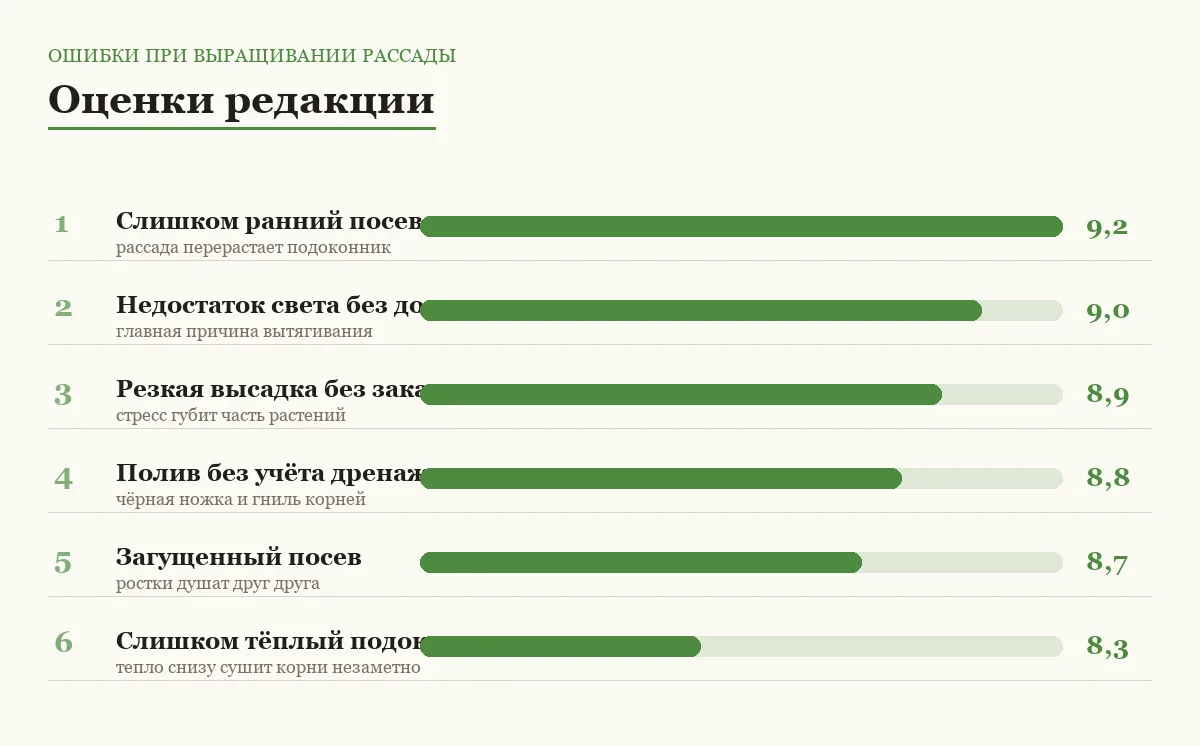 Диаграмма важности шести ошибок при выращивании рассады дома