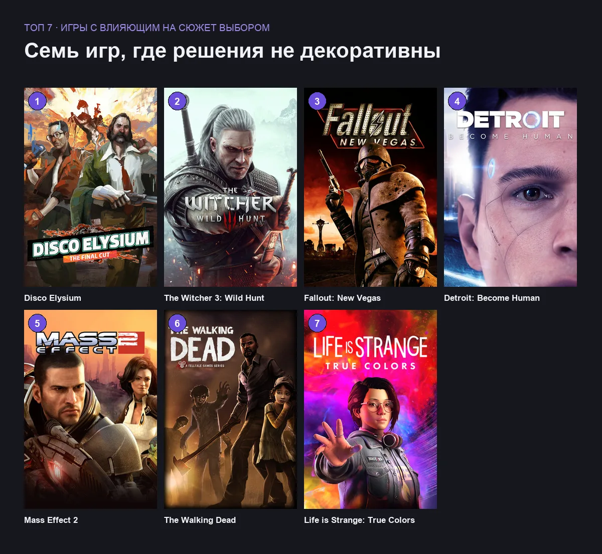 Витринные изображения семи игр, где выбор игрока влияет на сюжет