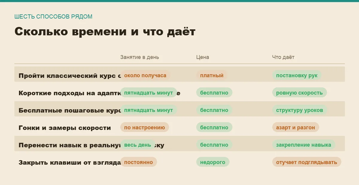 Инфографика: длительность занятия, цена и результат каждого способа