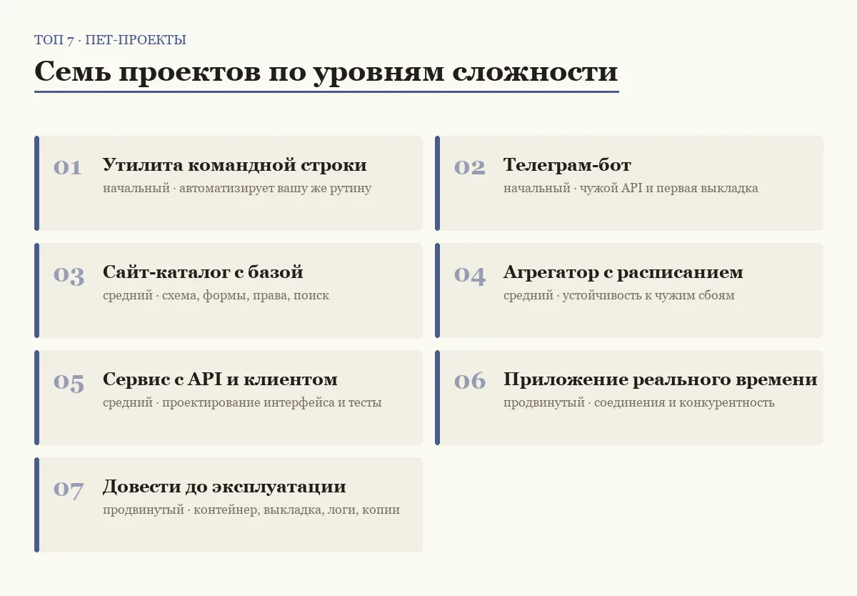 Список семи идей для пет-проекта с указанием уровня сложности