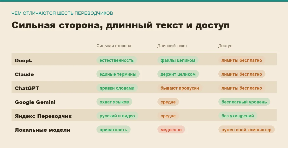 Инфографика: сильная сторона, работа с длинным текстом и доступность шести ИИ-переводчиков
