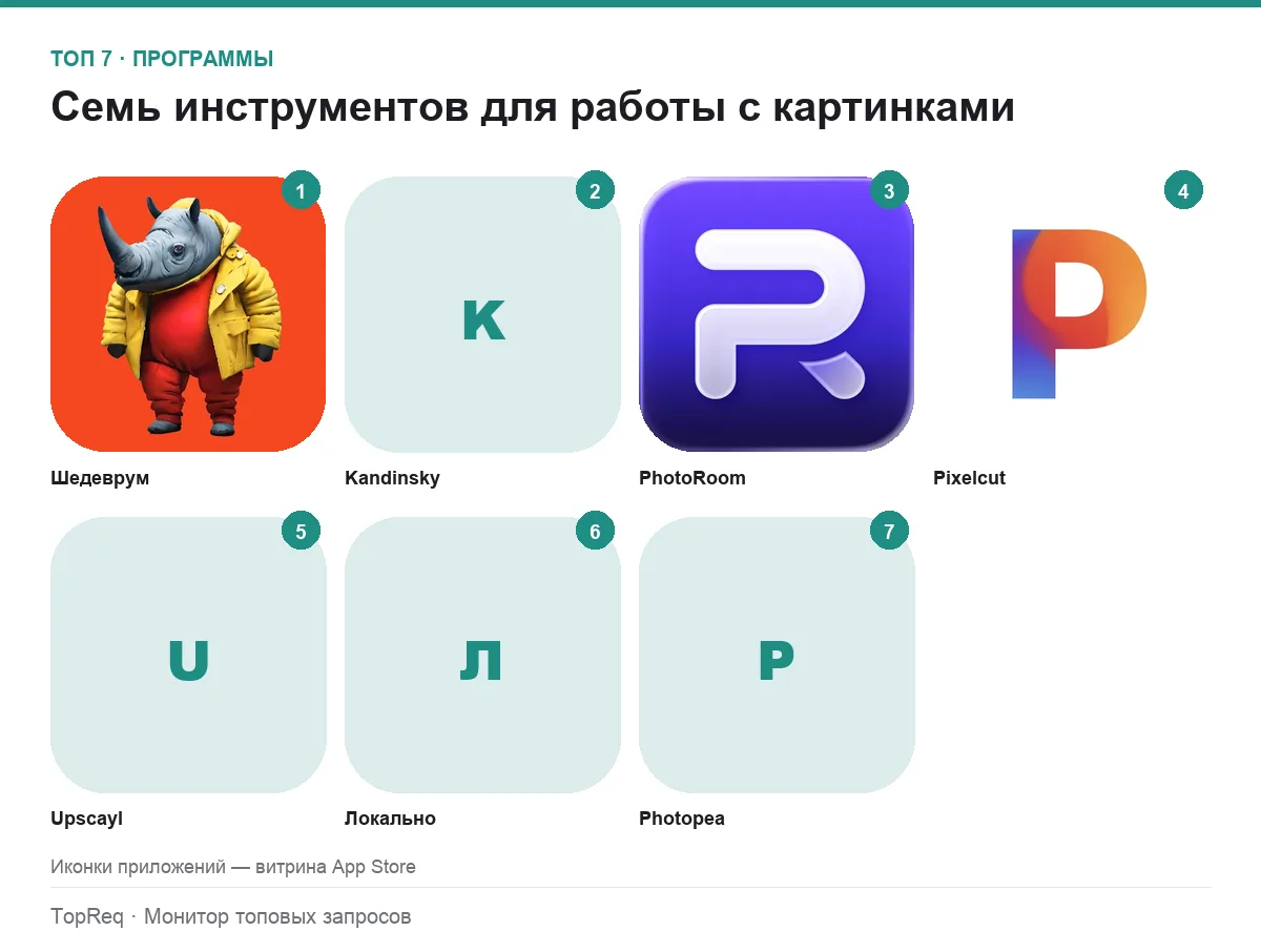 Иконки семи ИИ-сервисов для обработки изображений