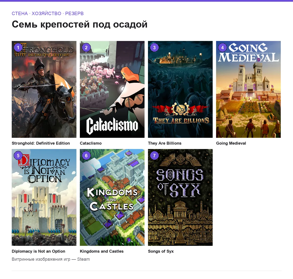 Сетка обложек семи игр про строительство и оборону крепости