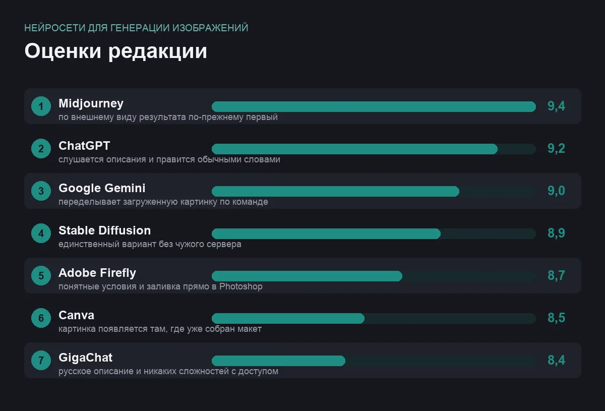 Диаграмма оценок семи сервисов генерации изображений