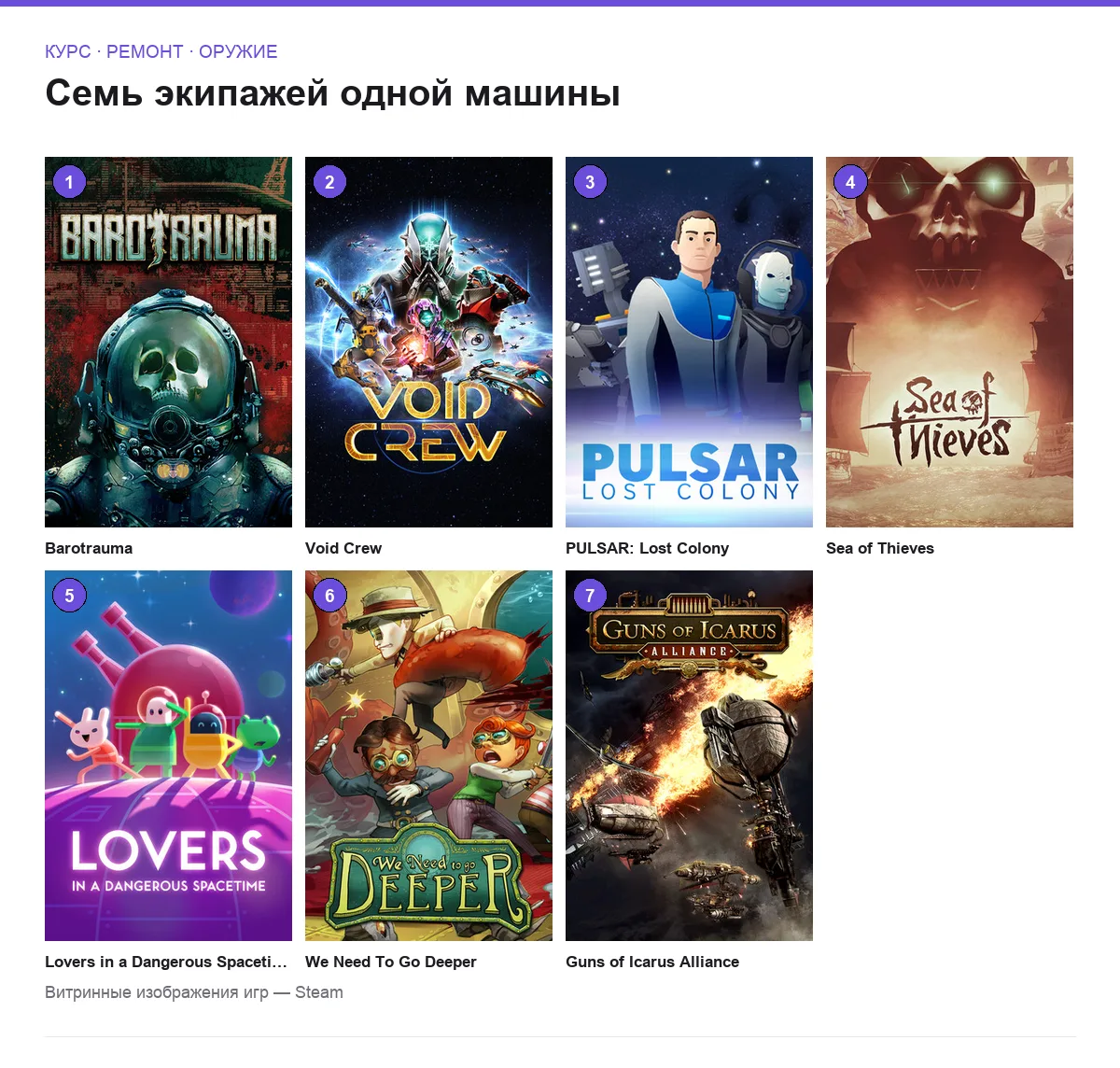 Сетка обложек семи игр про совместное управление экипажем