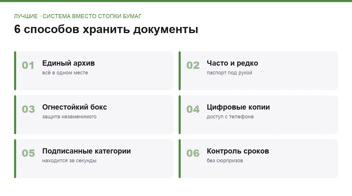 Плакат с шестью способами хранения важных документов дома