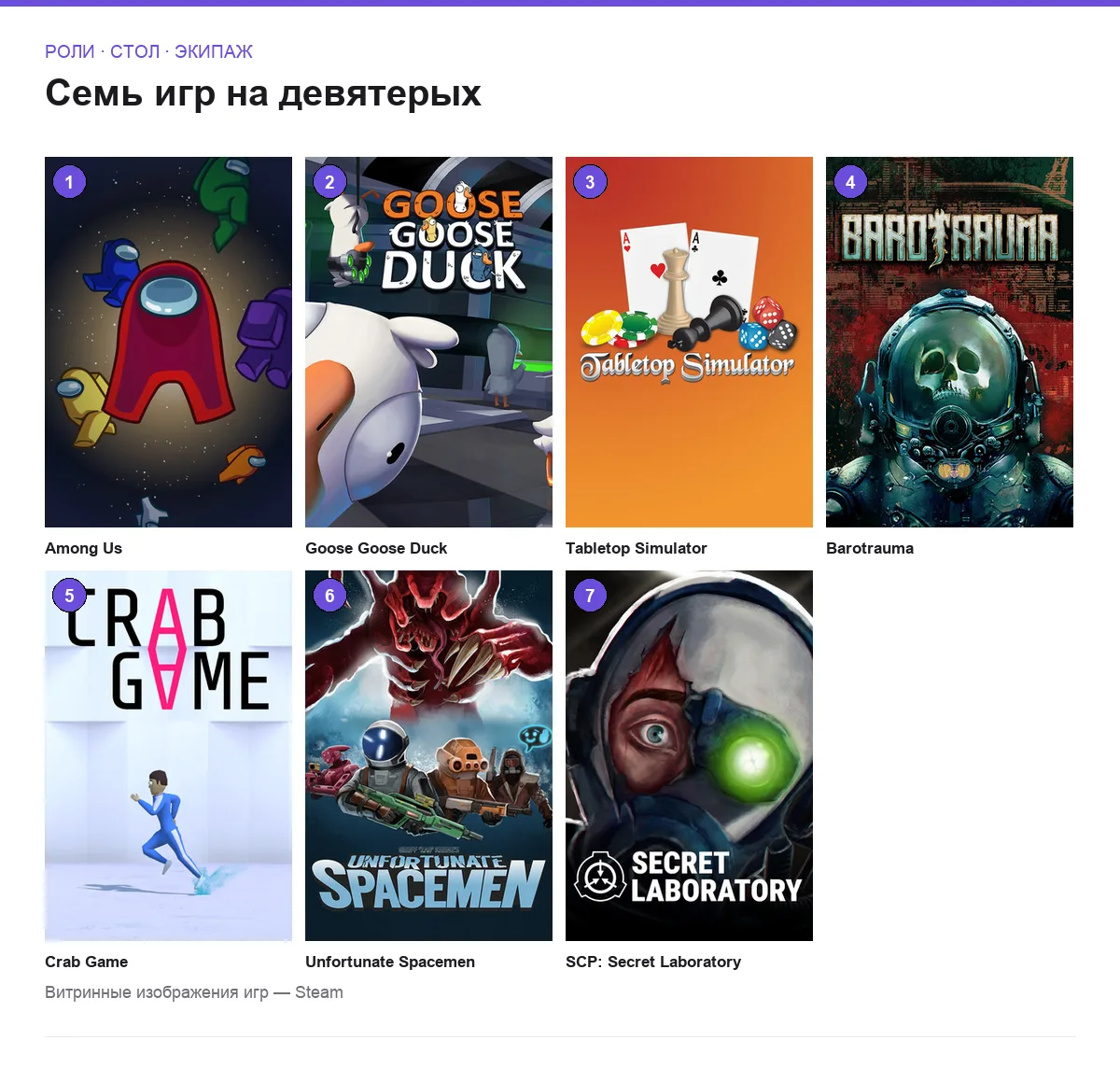 Сетка обложек семи игр для девяти человек