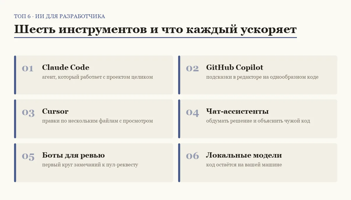 Список шести категорий ИИ-инструментов для разработчика