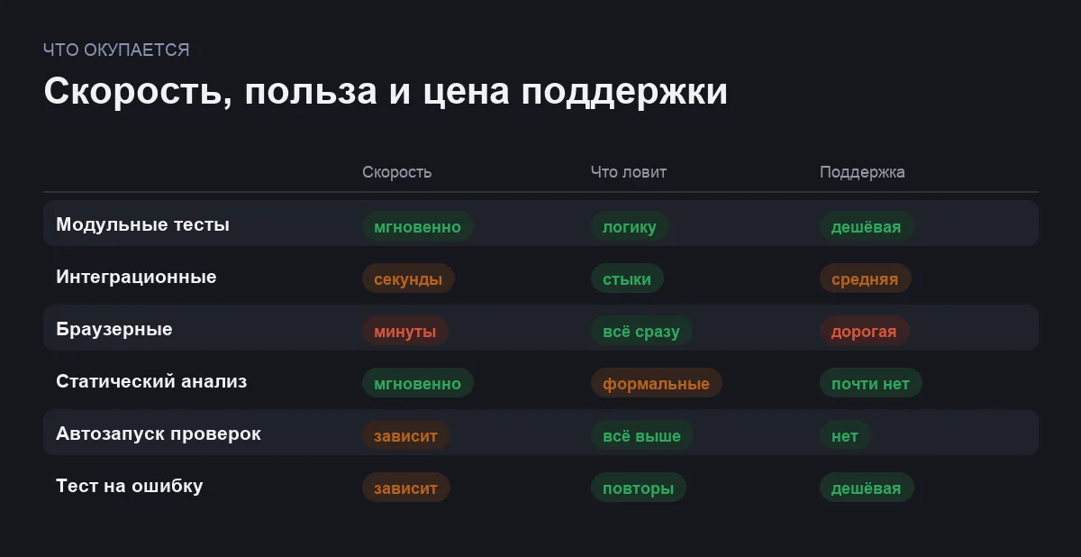 Инфографика: скорость выполнения, что ловит подход и стоимость поддержки