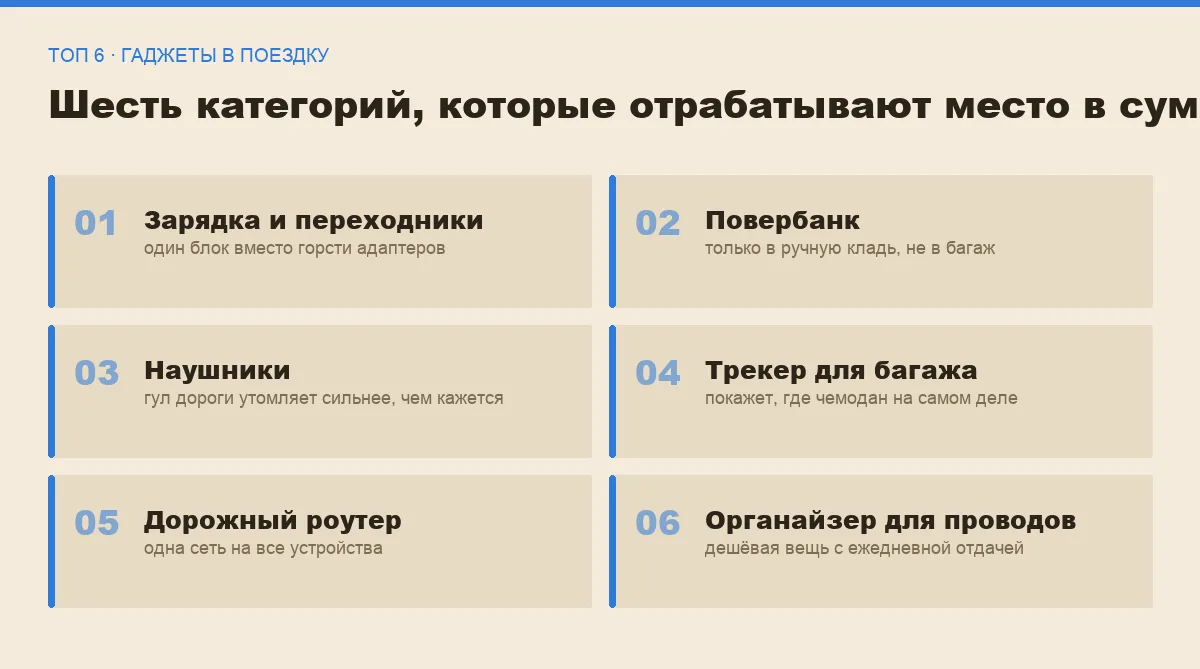 Список шести категорий гаджетов для путешествий