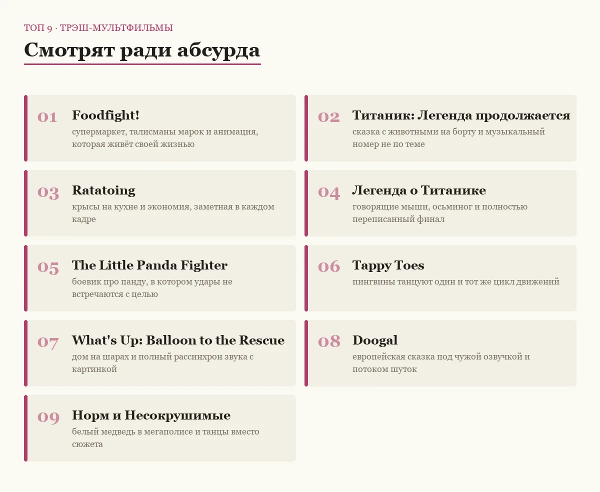 Плиточный постер со списком девяти трэш-мультфильмов