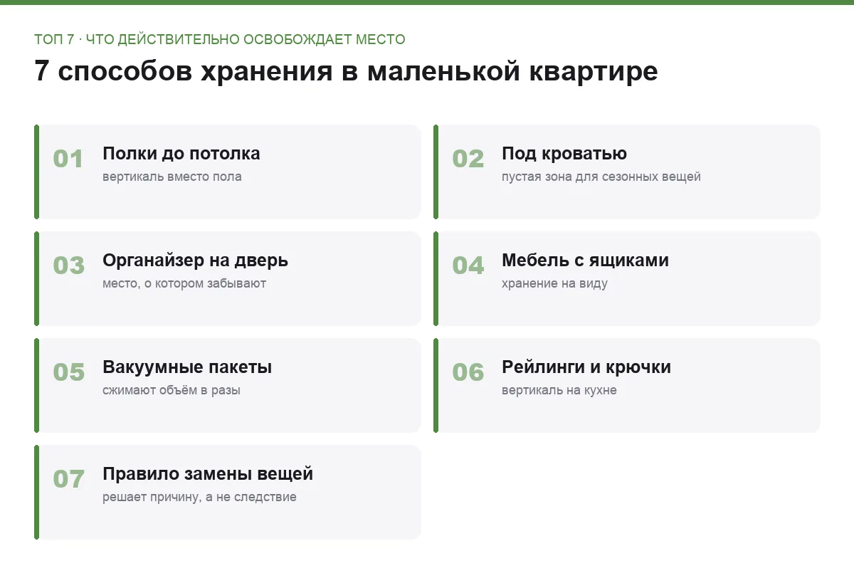 Плакат с семью способами хранения вещей в маленькой квартире