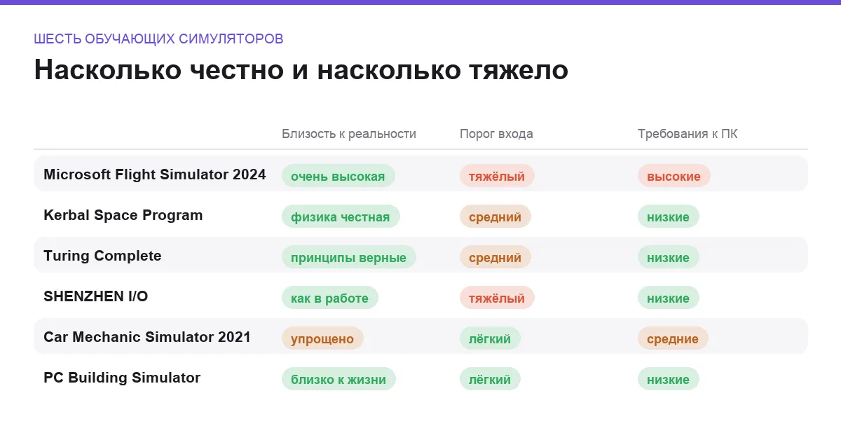 Инфографика: близость к реальности, порог входа и требования к компьютеру для шести симуляторов