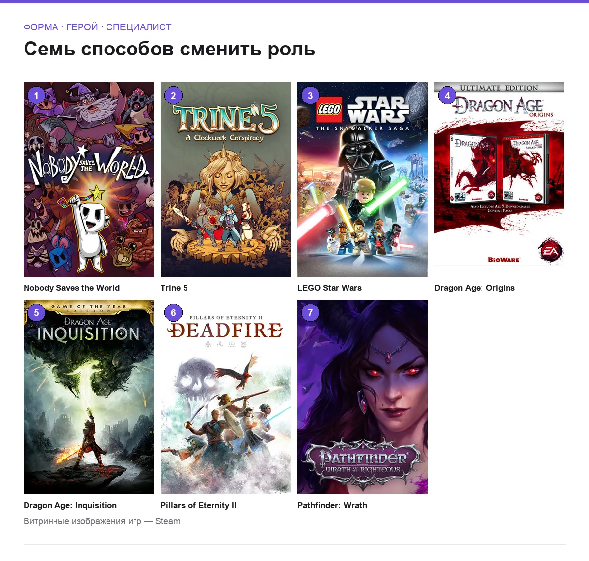 Сетка обложек семи игр со сменой классов и активных ролей