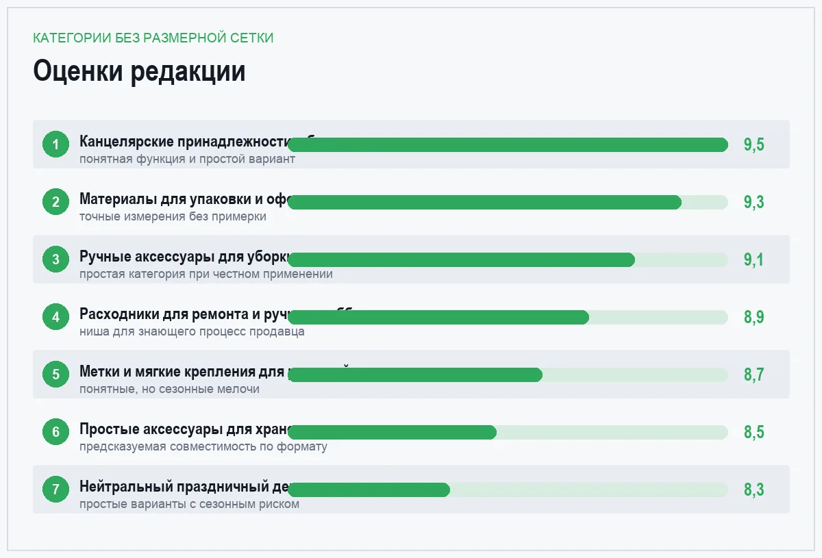 Диаграмма оценок семи категорий товаров без размерной сетки