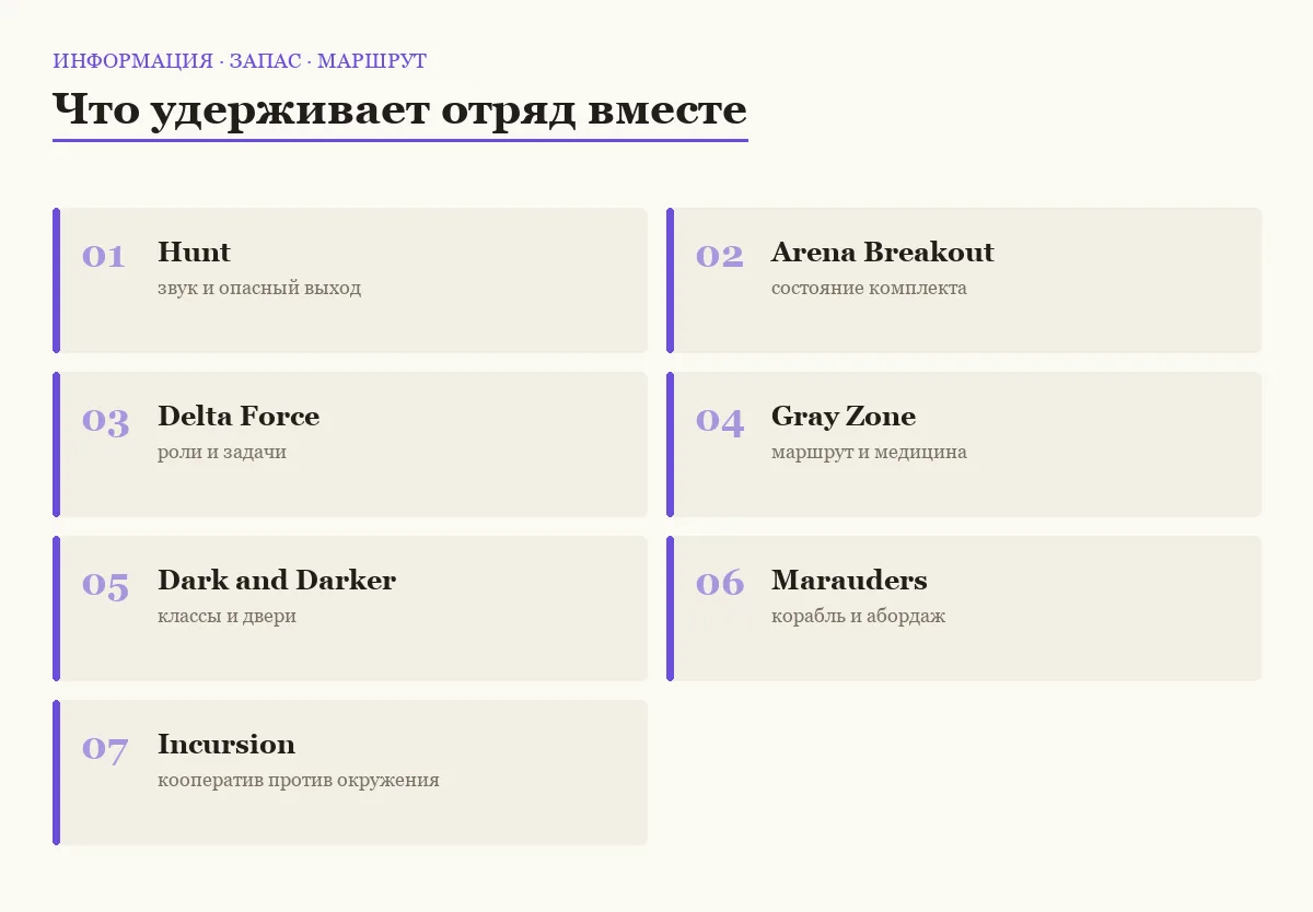 Плиточный список семи экстракшн-игр для отряда