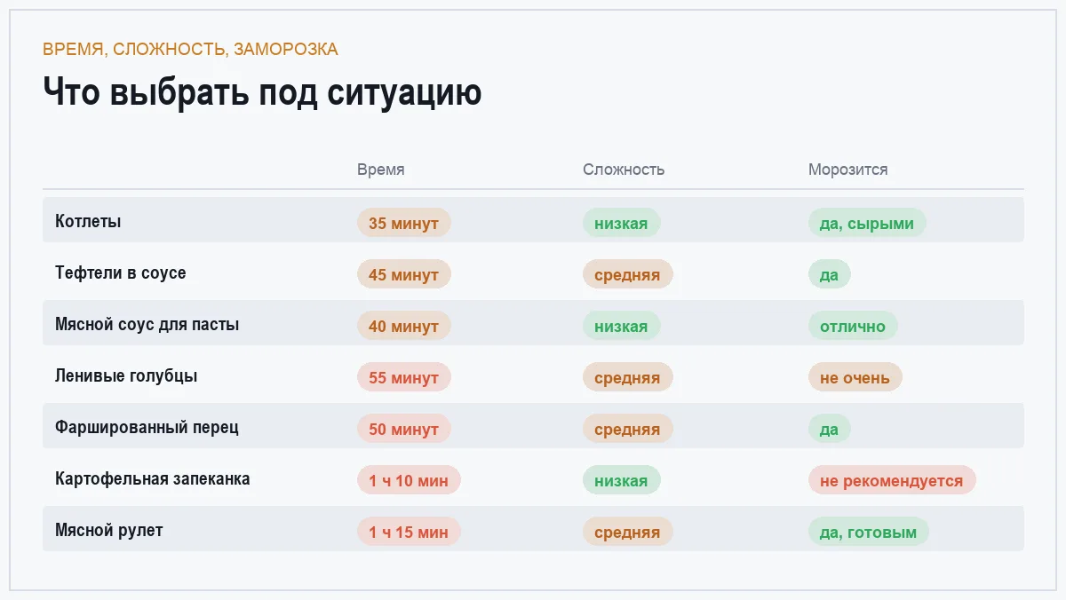 Инфографика: время приготовления, сложность и пригодность к заморозке