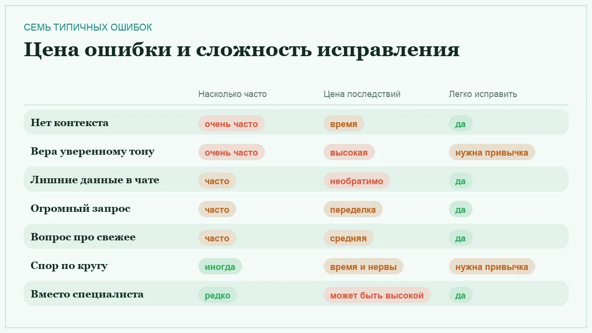 Инфографика: частота ошибки, цена последствий и сложность исправления привычки