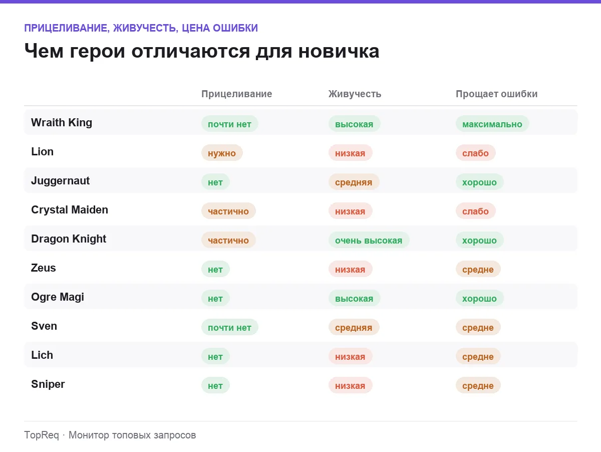 Инфографика: прицеливание, живучесть и прощение ошибок у десяти героев Dota 2