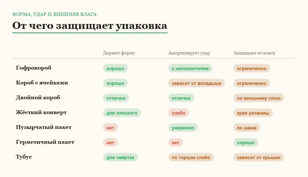 Матрица сравнения семи типов упаковки для доставки товара