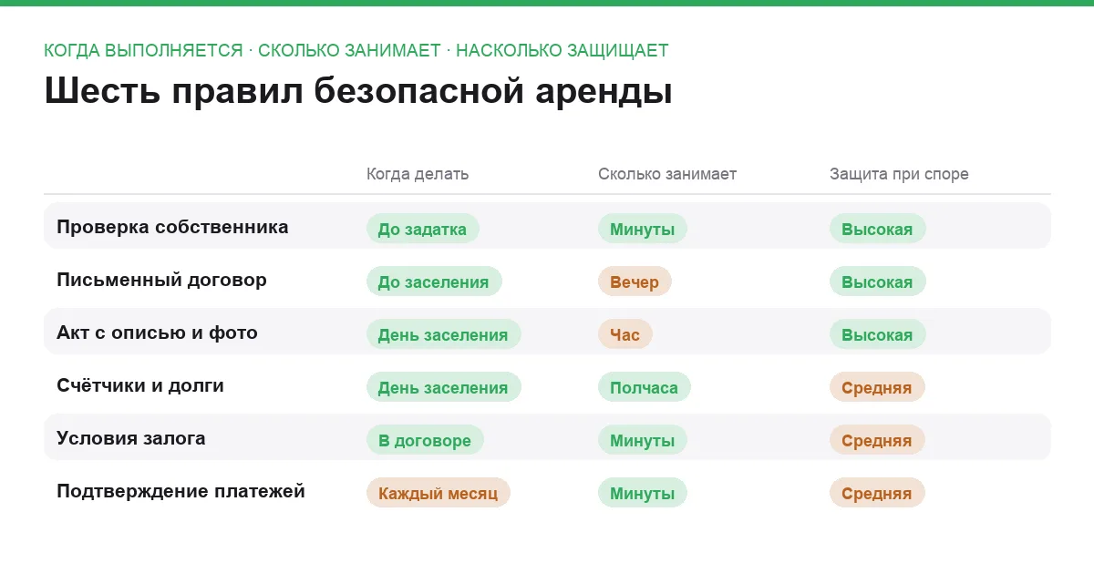 Сравнение шести правил безопасной аренды квартиры по времени выполнения и уровню защиты