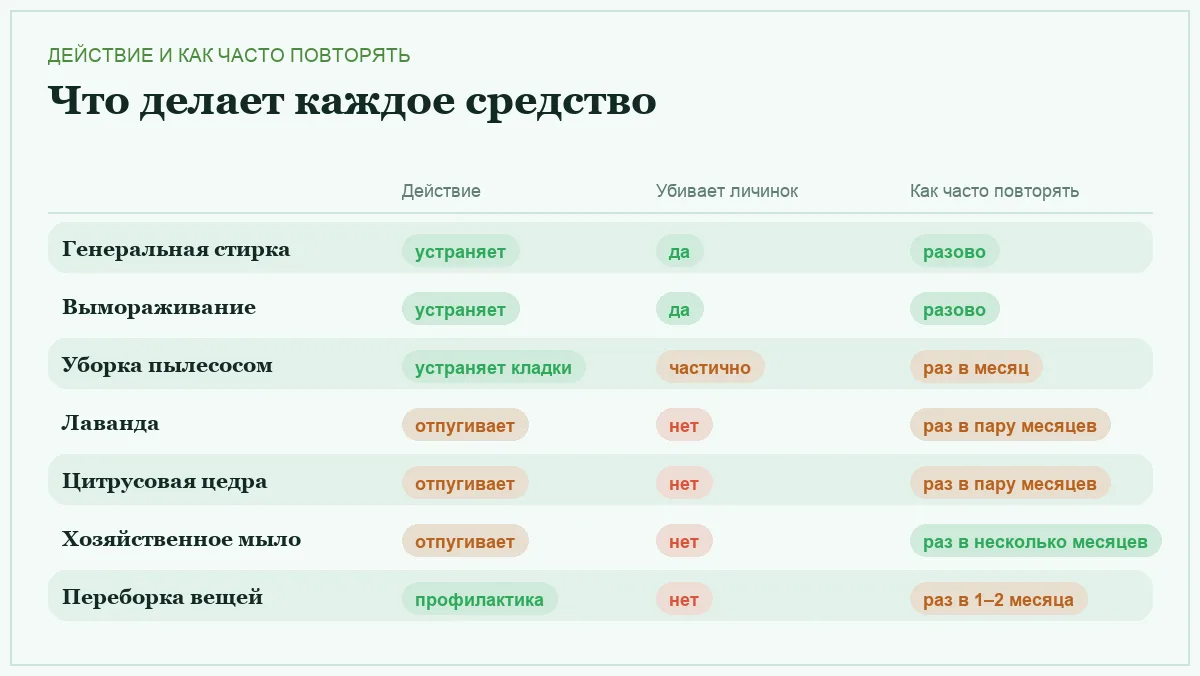 Инфографика: действие каждого средства от моли, убивает ли оно личинок и как часто его нужно повторять
