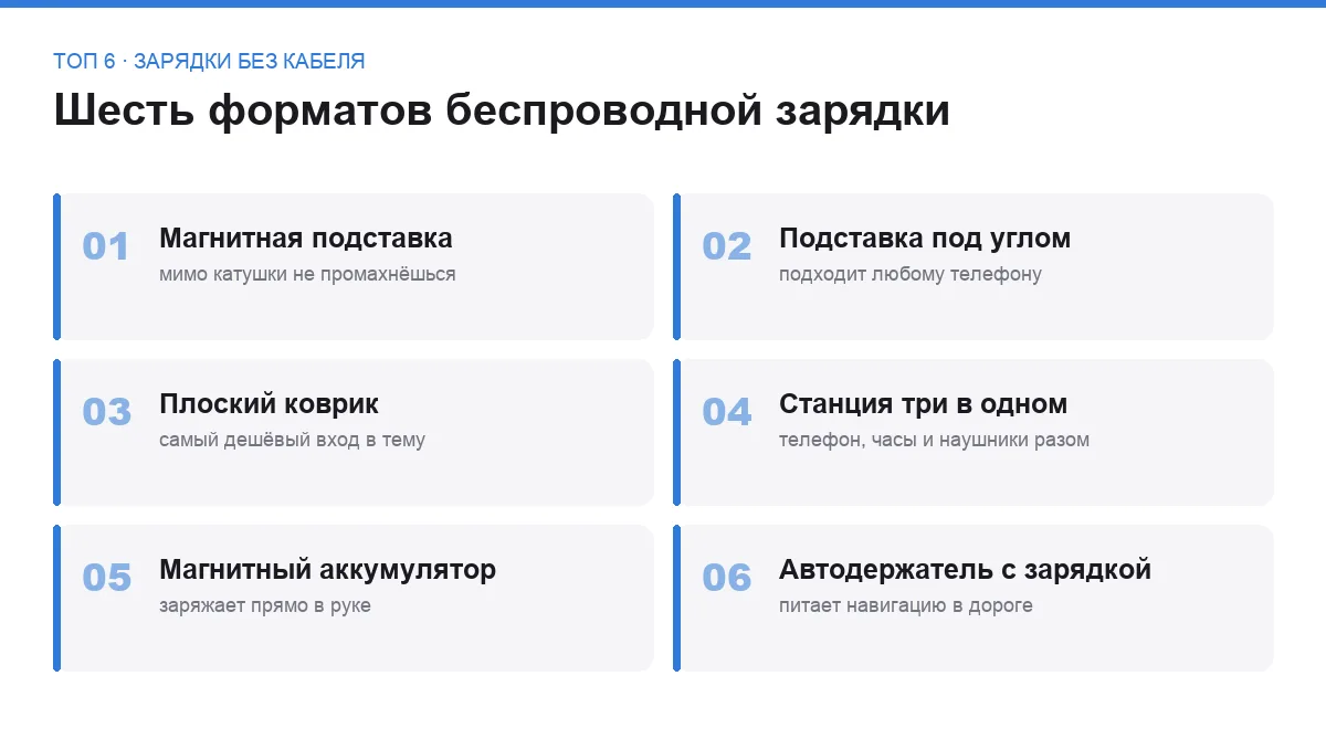 Список шести форматов беспроводных зарядок с короткими пояснениями