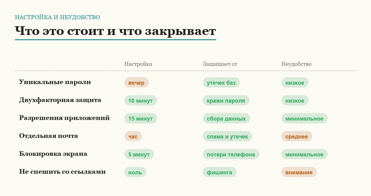 Инфографика: время настройки, от чего защищает мера и уровень неудобства