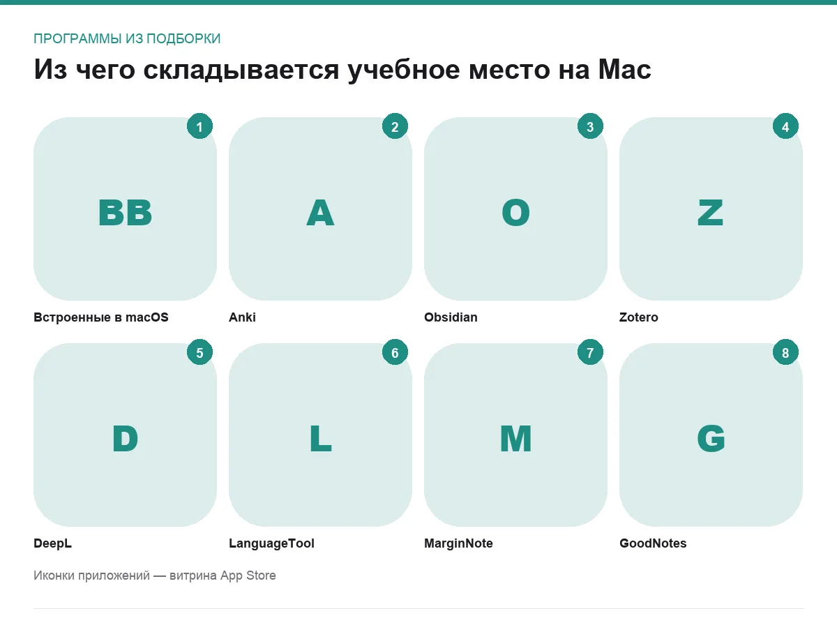Сетка иконок программ для учёбы и изучения языков на macOS