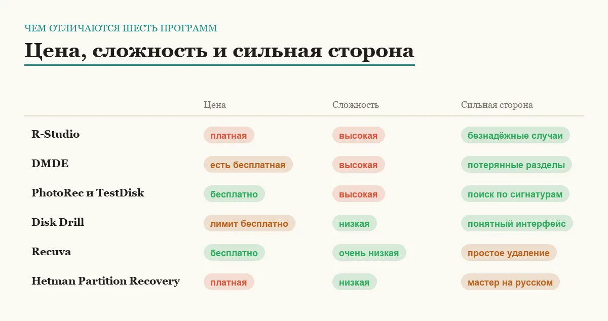 Инфографика: цена, сложность освоения и сильная сторона программ восстановления