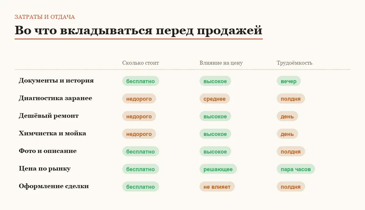 Инфографика: затраты, влияние на цену и трудоёмкость семи шагов