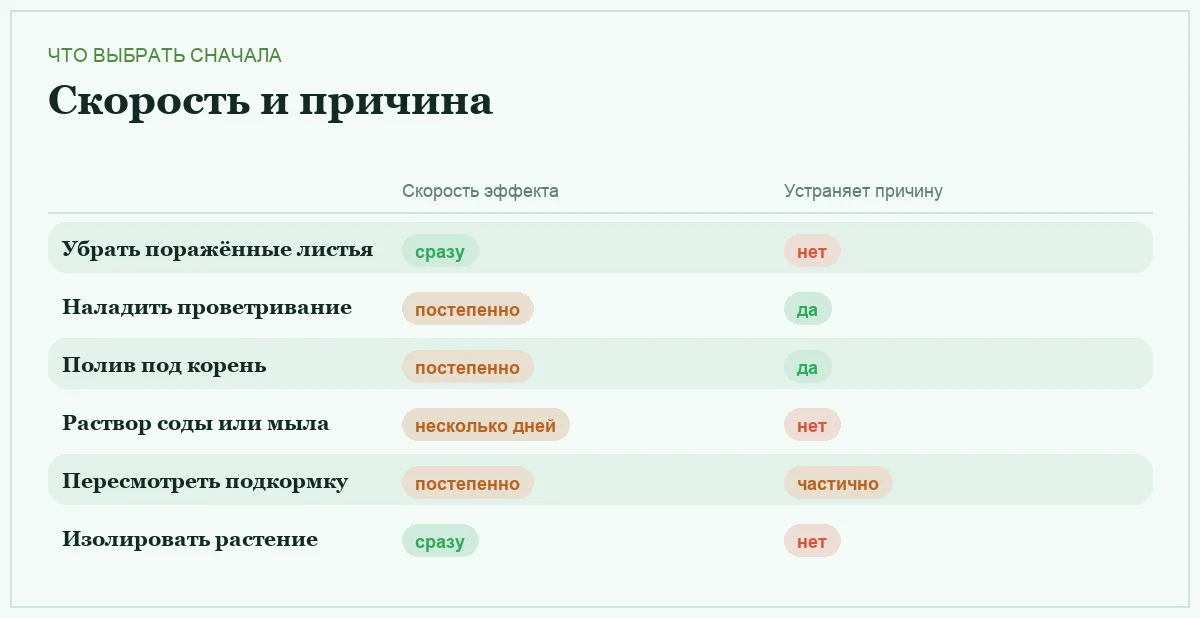 Инфографика: скорость эффекта способа и устраняет ли он причину появления грибка