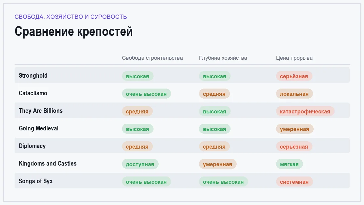 Матрица сравнения семи игр про строительство крепости