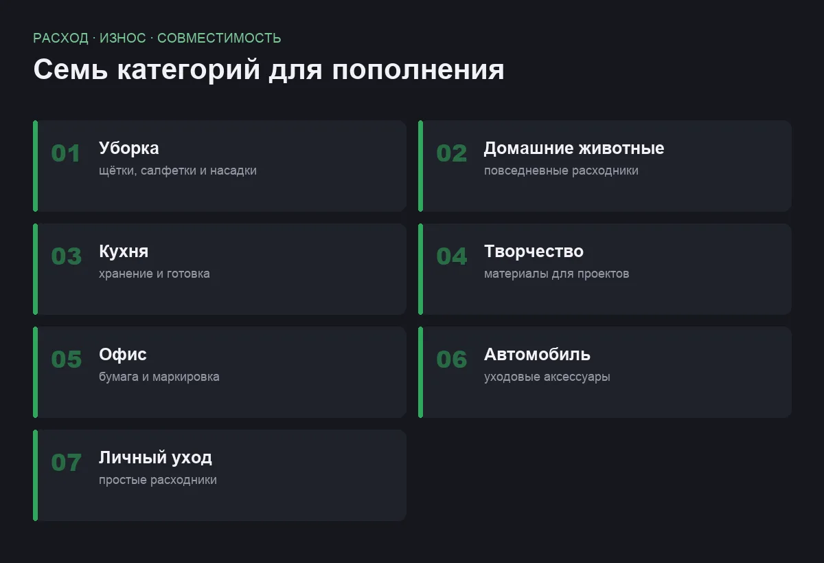 Плиточный список семи категорий товаров для повторных покупок