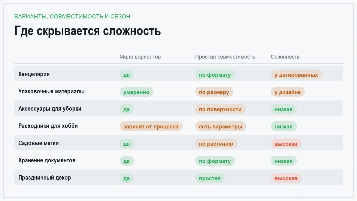 Матрица сравнения семи категорий товаров без размерной сетки