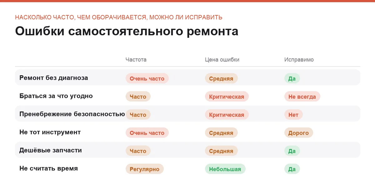 Сравнение шести ошибок при самостоятельном ремонте машины по частоте и последствиям