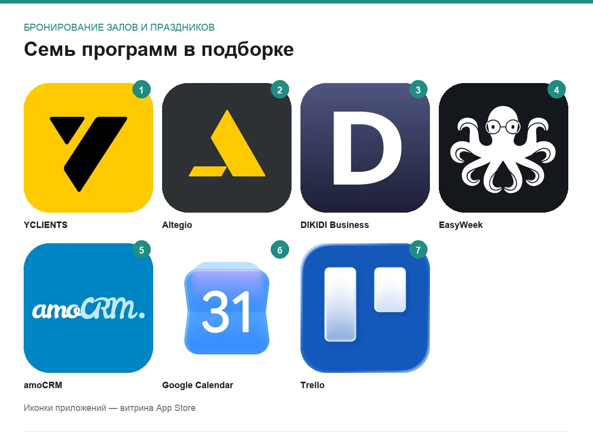 Иконки семи программ для задачи бронирование залов и праздников