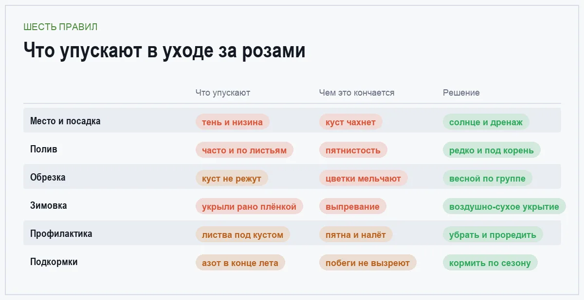 Инфографика: типичная ошибка, её последствия и решение по шести правилам ухода за розами