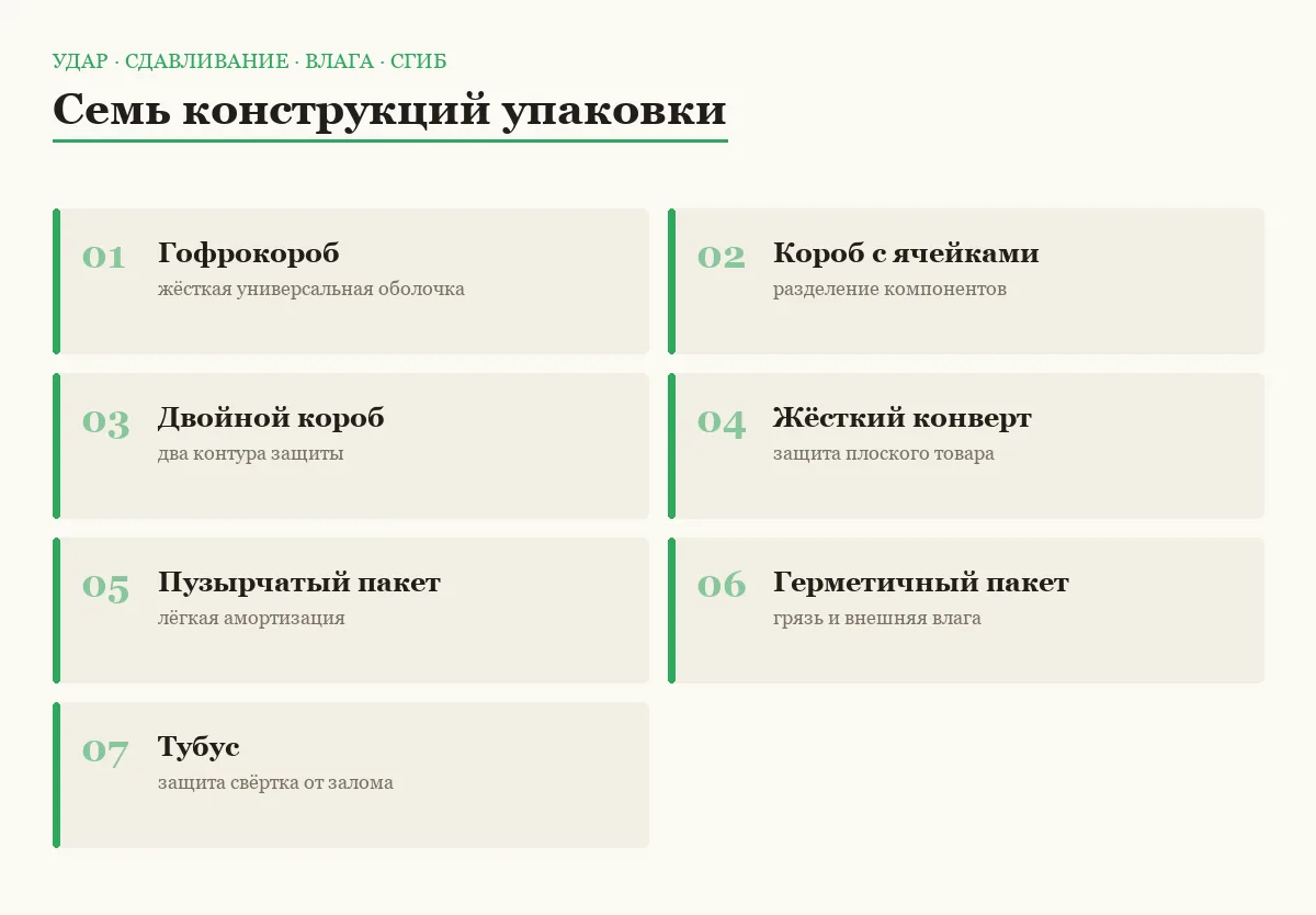 Плиточный список семи типов упаковки для защиты товара в доставке