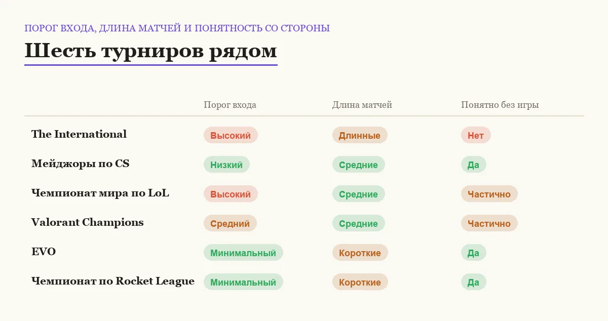 Сравнение шести киберспортивных турниров по порогу входа, длине матчей и понятности для нового зрителя