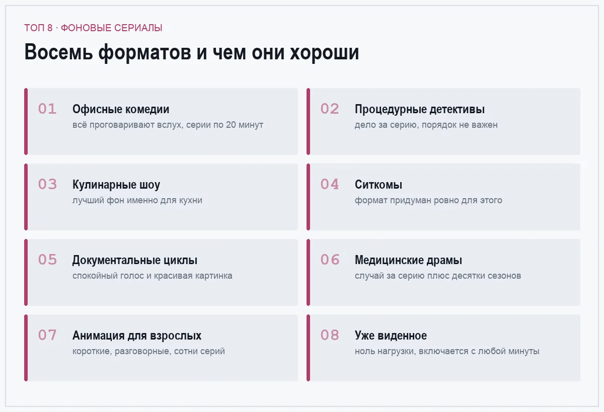 Список восьми форматов сериалов для фонового просмотра
