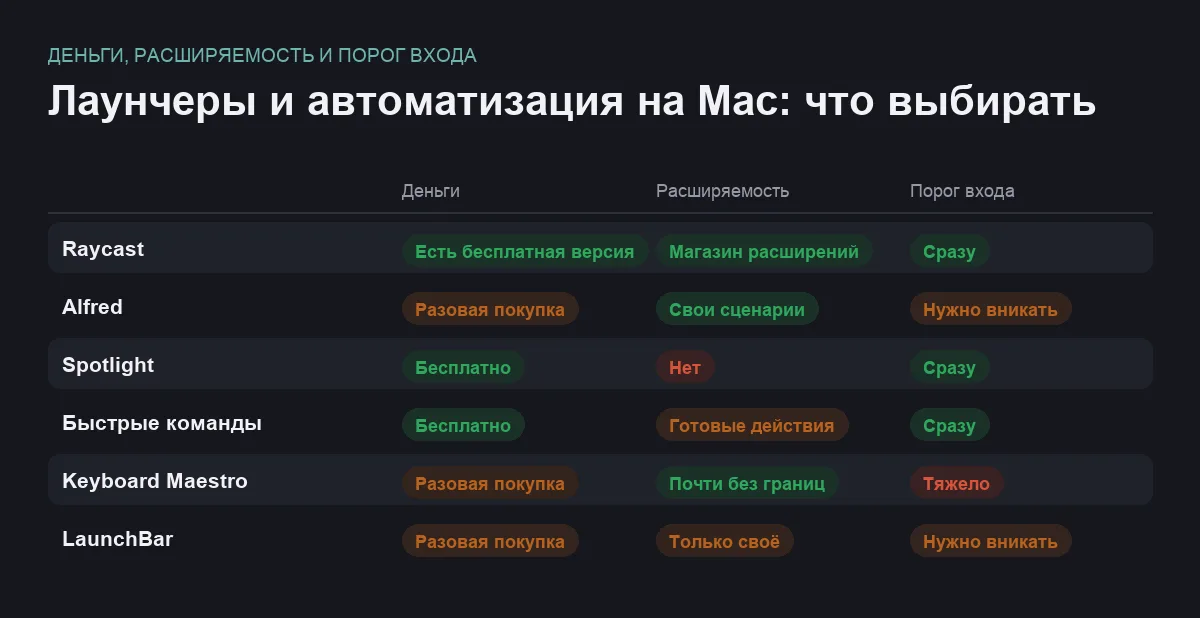 Сравнительная таблица лаунчеров и средств автоматизации для macOS