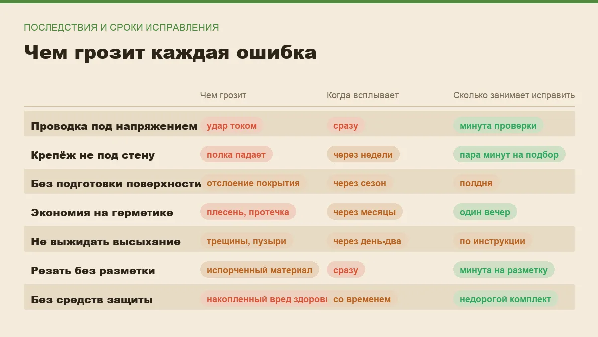 Инфографика: чем грозит каждая ошибка мелкого ремонта, когда она становится заметна и сколько занимает исправление