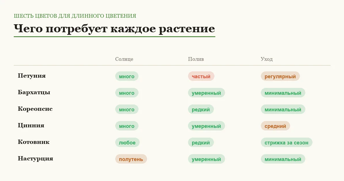 Инфографика: солнце, полив и уход у шести цветов для клумбы