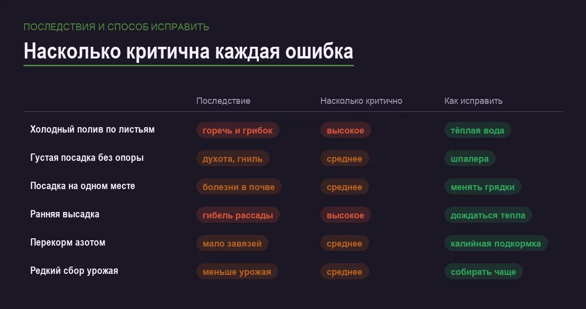 Инфографика: последствия шести ошибок при выращивании огурцов и насколько они критичны