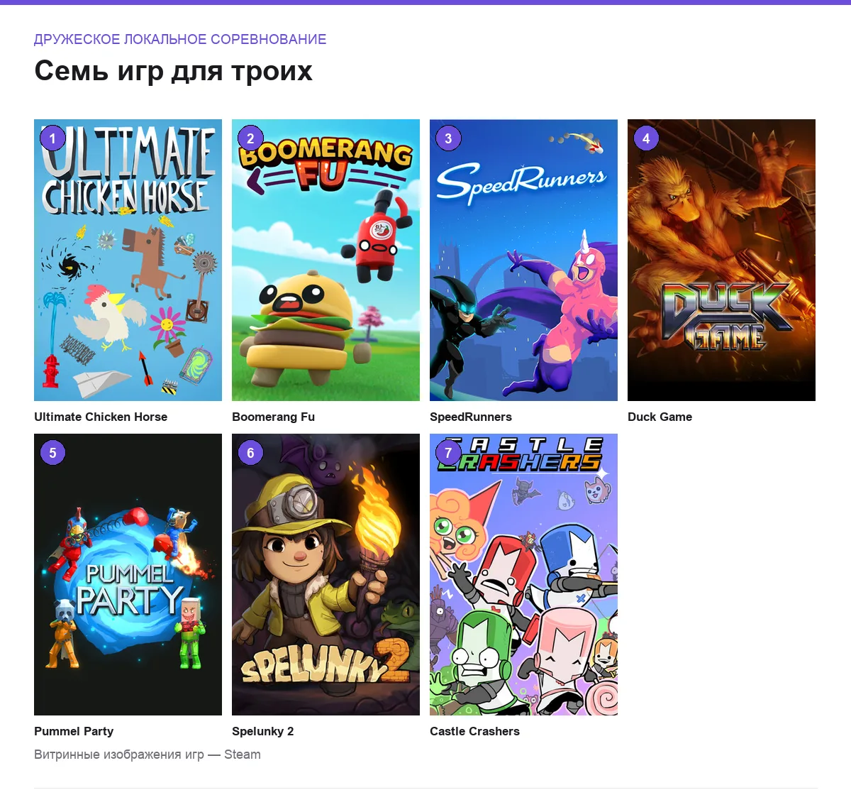 Обложки семи игр: дружеское локальное соревнование