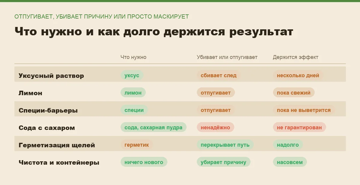 Инфографика: что нужно для каждого средства от муравьёв, отпугивает оно или устраняет причину и как долго держится эффект