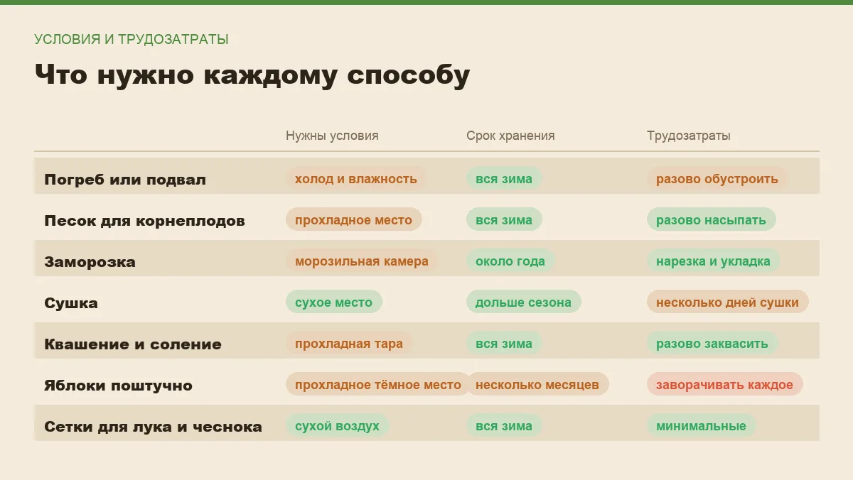 Инфографика: какие условия нужны для каждого способа хранения урожая, срок хранения и трудозатраты