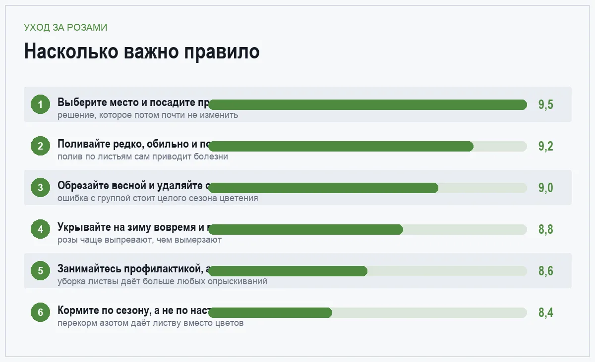 Диаграмма важности шести правил ухода за розами